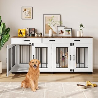 71" Large Dog Crate for 2 Dogs, Wooden Double Dog Crate with 3 Drawers ...